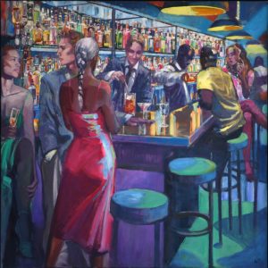 An oil painting on canvas of a busy bar with people interacting by Mark Pearson