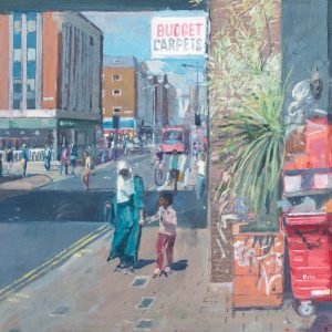An oil on canvas painting by Mark Pearson depicting Rye Lane in Peckham