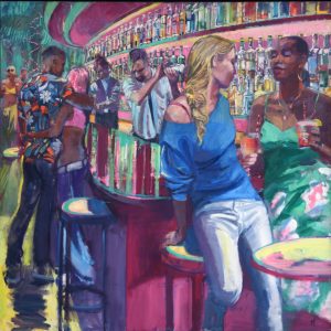 An oil on canvas painting depicting a lively club bar in Spain by Mark Pearson