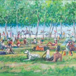 An oil on canvas painting by Mark Pearson depicting Hyde Park in London on a summer''s day, the focus is the Dalmatian dog