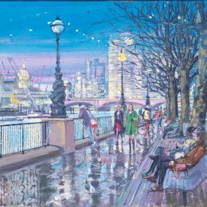 An oil on canvas painting of the Southbank in London on a rainy evening