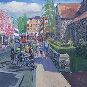 "Blenheim Grove" painting by Mark Pearson showing a busy road with pedestrians and cyclists next to church