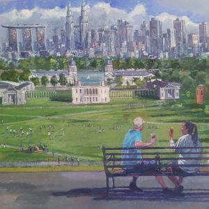"Greenwich Park" painting by Mark Pearson showing a couple sat on bench overlooking Greenwich Park towards the London skyline