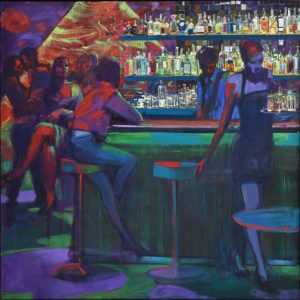 An oil painting on canvas of a nightclub scene in bold and strong colours by Mark Pearson