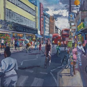 "Rye Lane" painting by Mark Pearson showing busy road scene and shops